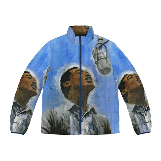 Sam Cooke puffer jacket featuring a vintage portrait of the legendary soul singer