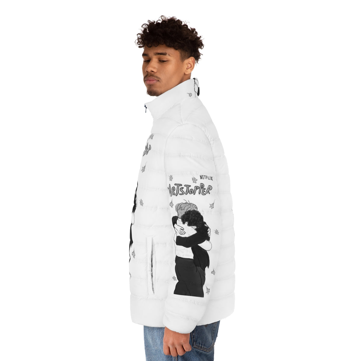 Heartstopper Nick and Charlie Hug Puffer Jacket featuring the iconic couple from the Netflix series - men side left