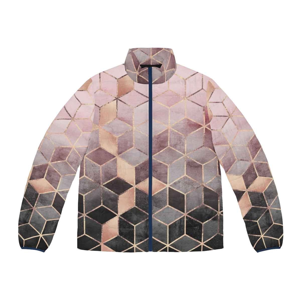 A puffer jacket featuring a gradient geometric cube pattern in pink and grey tones.