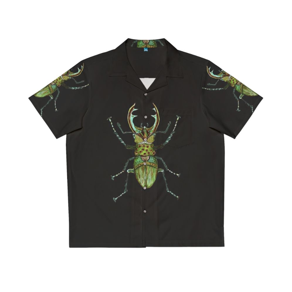 Whimsical stag beetle Hawaiian shirt with zentangle bug pattern design