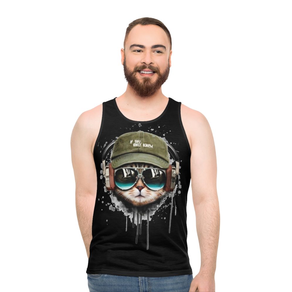 DJ Cat Unisex Tank Top with Headphones and Sunglasses - men