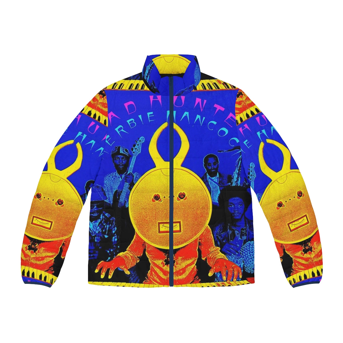 Puffer jacket inspired by the iconic Head Hunters album cover, featuring a vintage funk, soul, and jazz music design