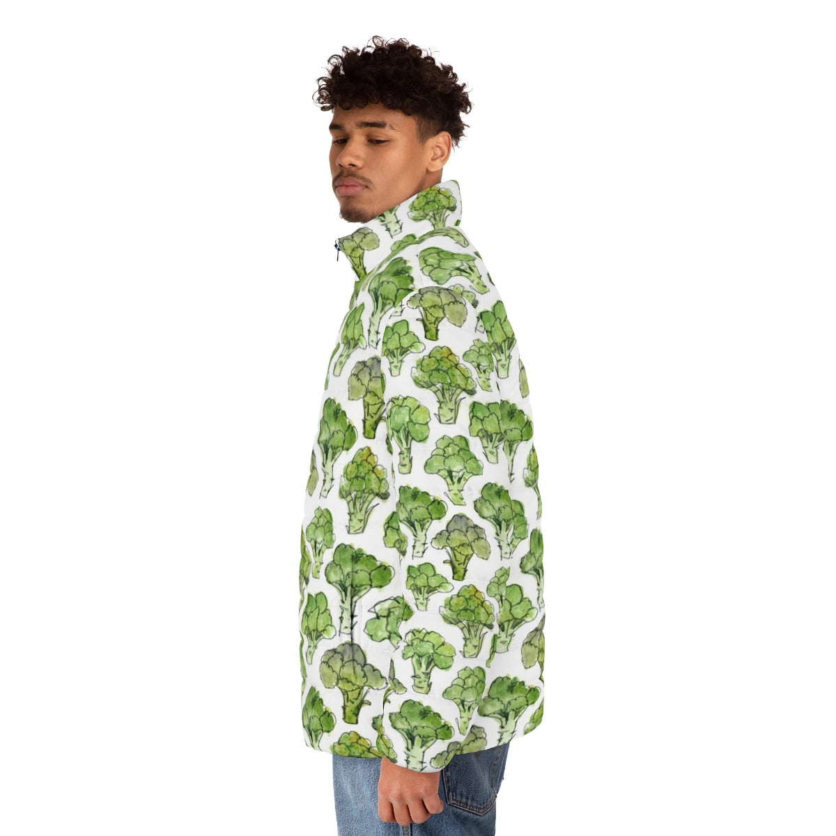 Watercolor broccoli pattern puffer jacket with floral and vegetable design - men side left