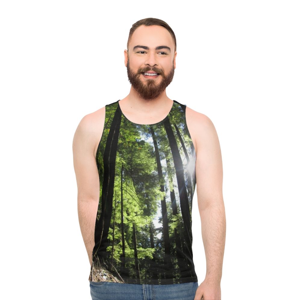 Sunlit fir tree unisex tank top - men