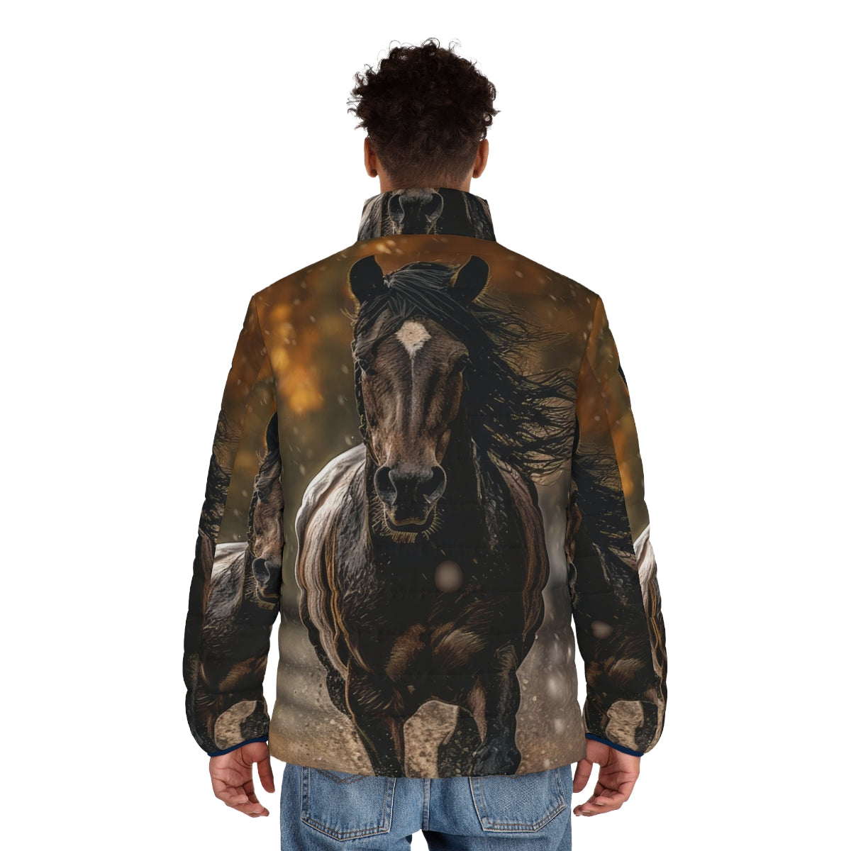 Puffer jacket featuring a bay horse trotting in the rain on an autumn day - men back