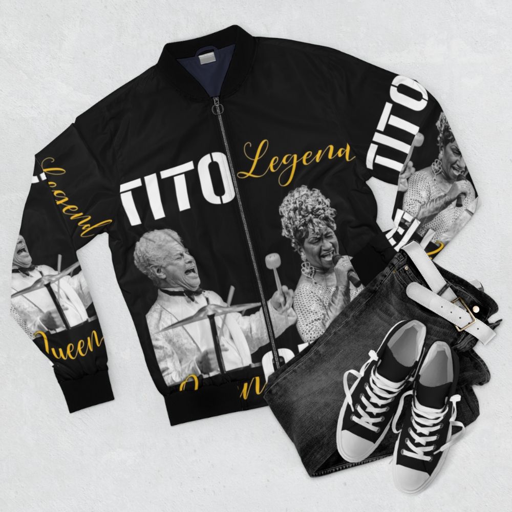 Tito Puente and Celia Cruz Inspired Bomber Jacket with Latin Music Symbols - Flat lay