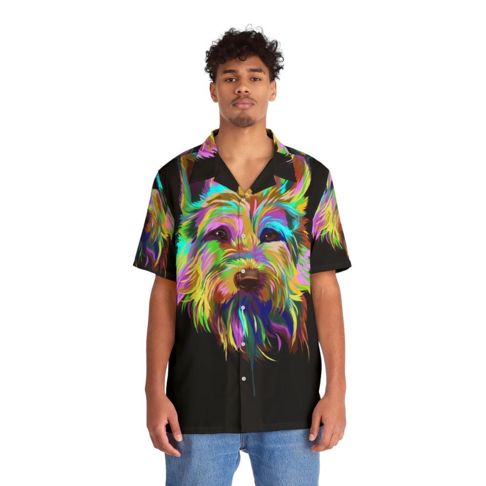 Berger De Picardie dog wearing a colorful Hawaiian style shirt - People Front