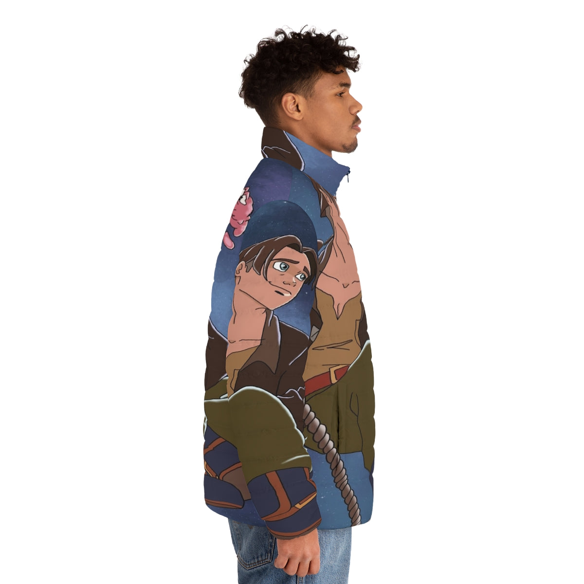 Treasure Planet inspired puffer jacket with space and galaxy graphics - men side right