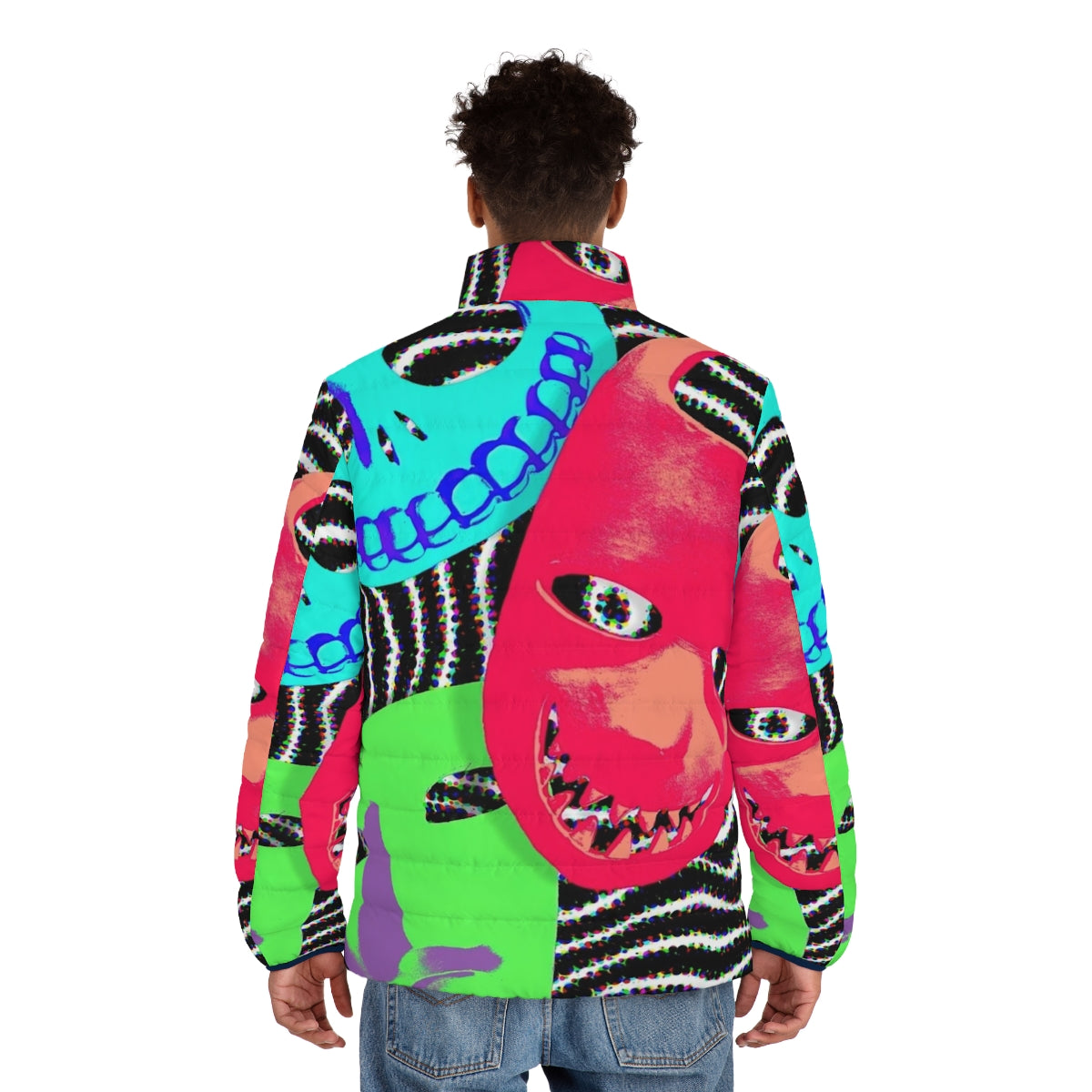 A stylish "Birds Of A Feather" puffer jacket featuring a spooky pop art design perfect for Halloween and Nightmare Before Christmas fans. - men back