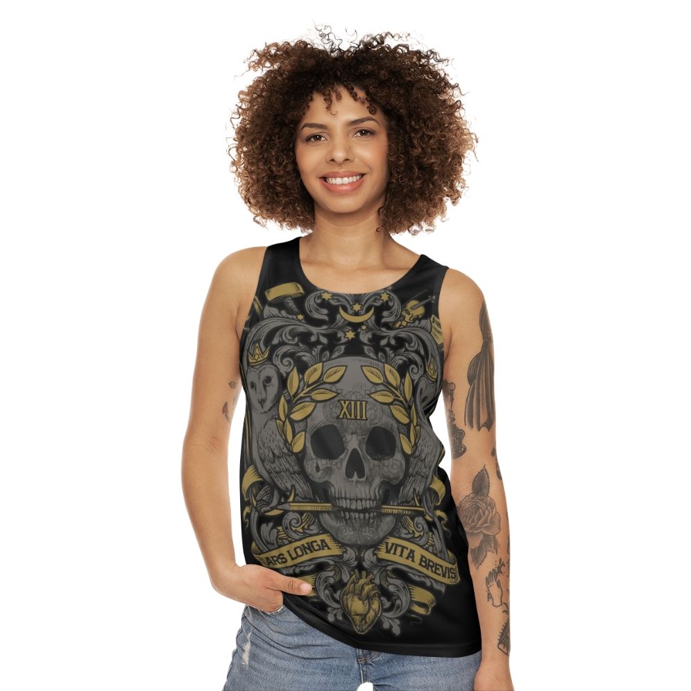 Ars Longa Vita Brevis unisex tank top with skull and heraldic design - women