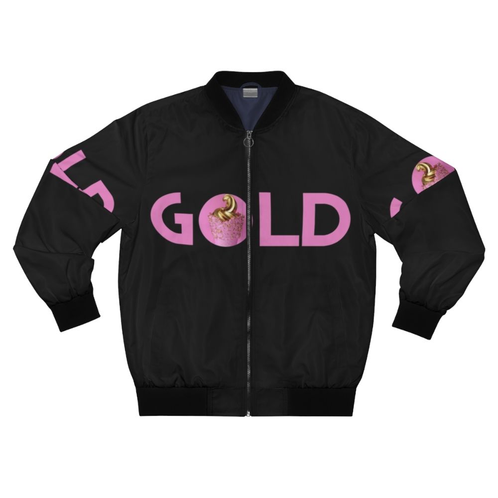 Trendy gold and pink bomber jacket with galaxy and unicorn design