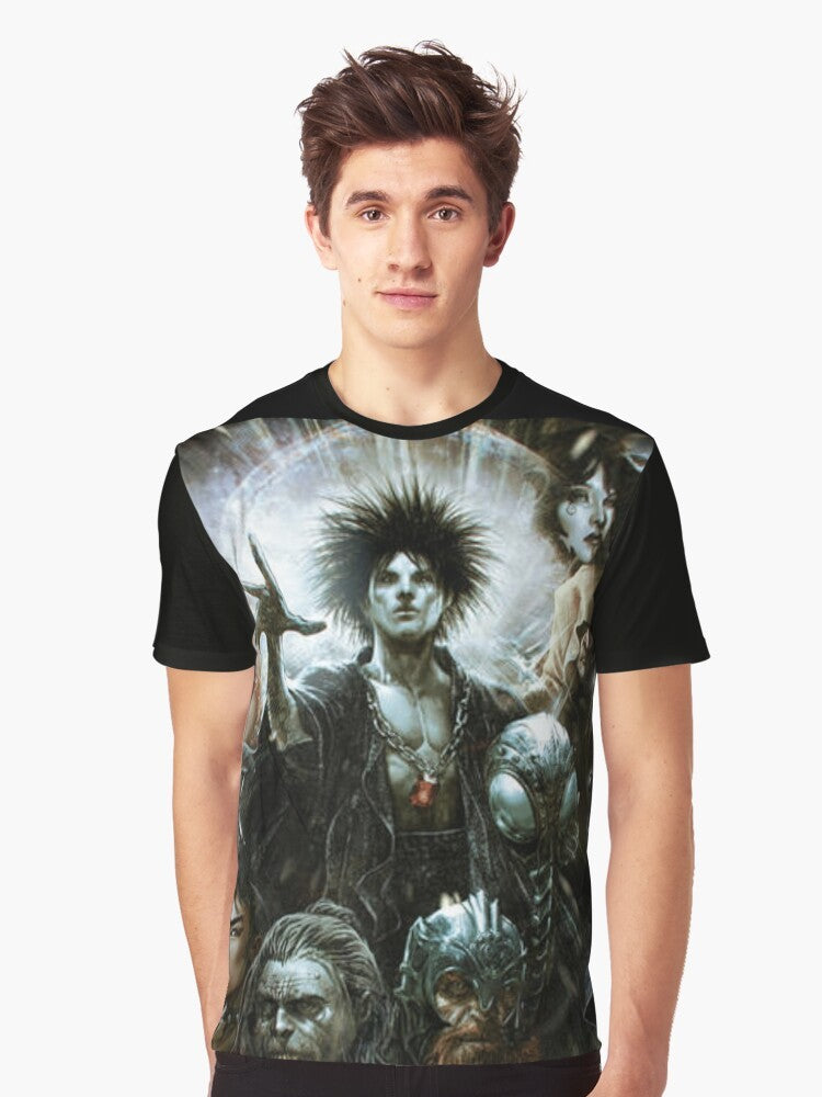 "The Sandman" graphic t-shirt featuring the iconic character Morpheus from the popular fantasy comic series by Neil Gaiman. - Men