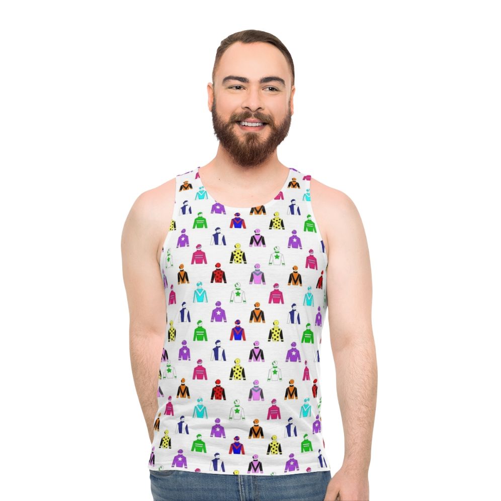 Unisex tank top featuring the vibrant colors of jockey silks - men