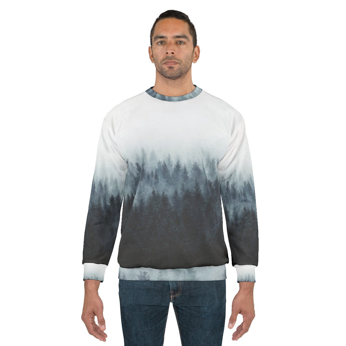 High and Low Sweatshirt with Foggy Forest Design - men