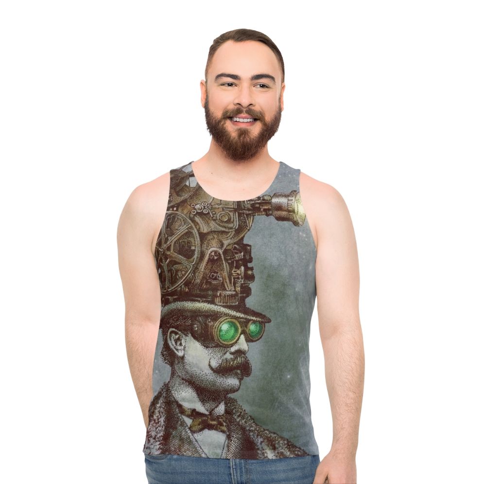 Steampunk unisex tank top with surreal mechanical design - men