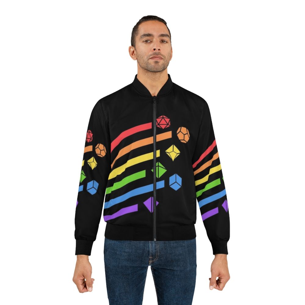 Colorful bomber jacket featuring a design with dice and Dungeons & Dragons elements for tabletop RPG gaming enthusiasts. - Lifestyle