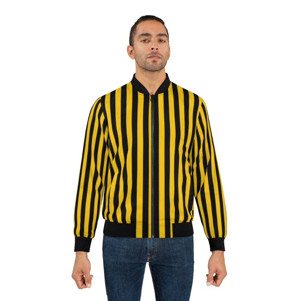 Yellow and black striped bomber jacket with a stylish and fashionable design - Lifestyle