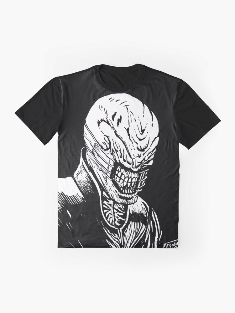 Hellraiser Chatterer Cenobite graphic printed on a t-shirt - Flat lay