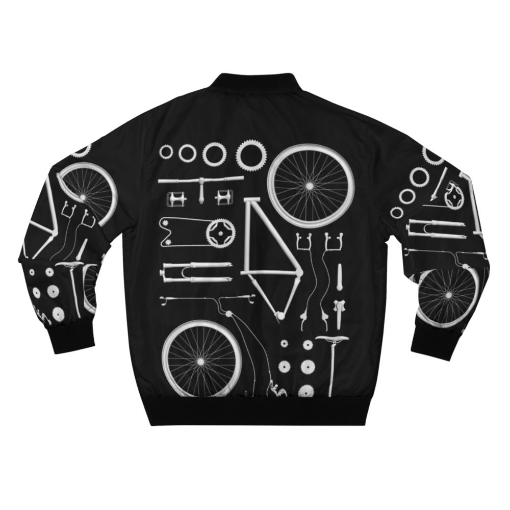 Exploded bicycle graphic design on a blue bomber jacket - Back