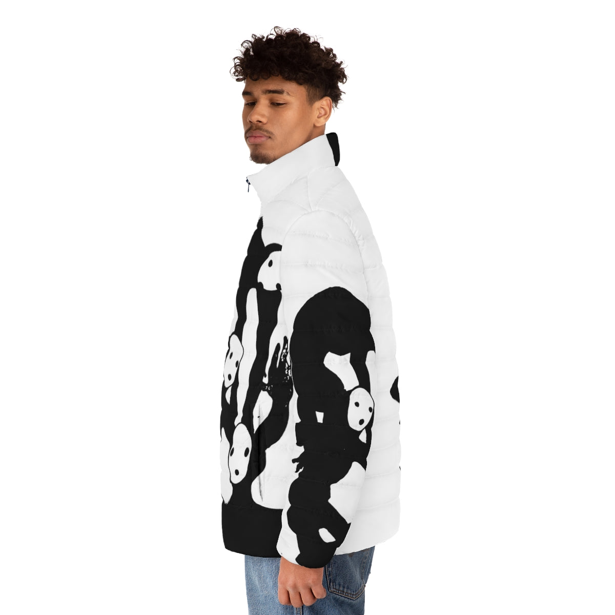 A black and white puffer jacket featuring the Tragedian character from the Pathologic video game. - men side left