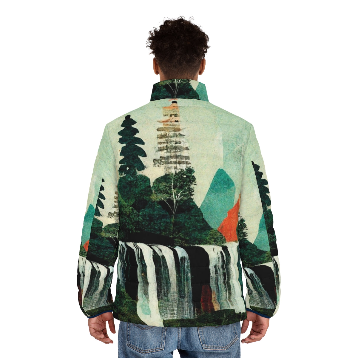 Waterfall artwork puffer jacket with a collage of beautiful waterfalls and nature scenery - men back