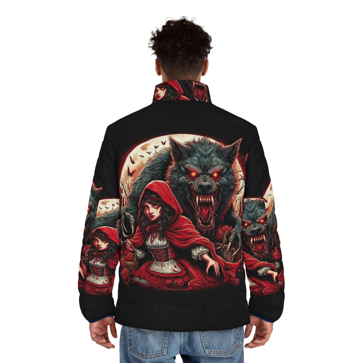 A red puffer jacket with a hooded design, inspired by the classic fairy tale of Red Riding Hood and her encounter with the wolf. - men back