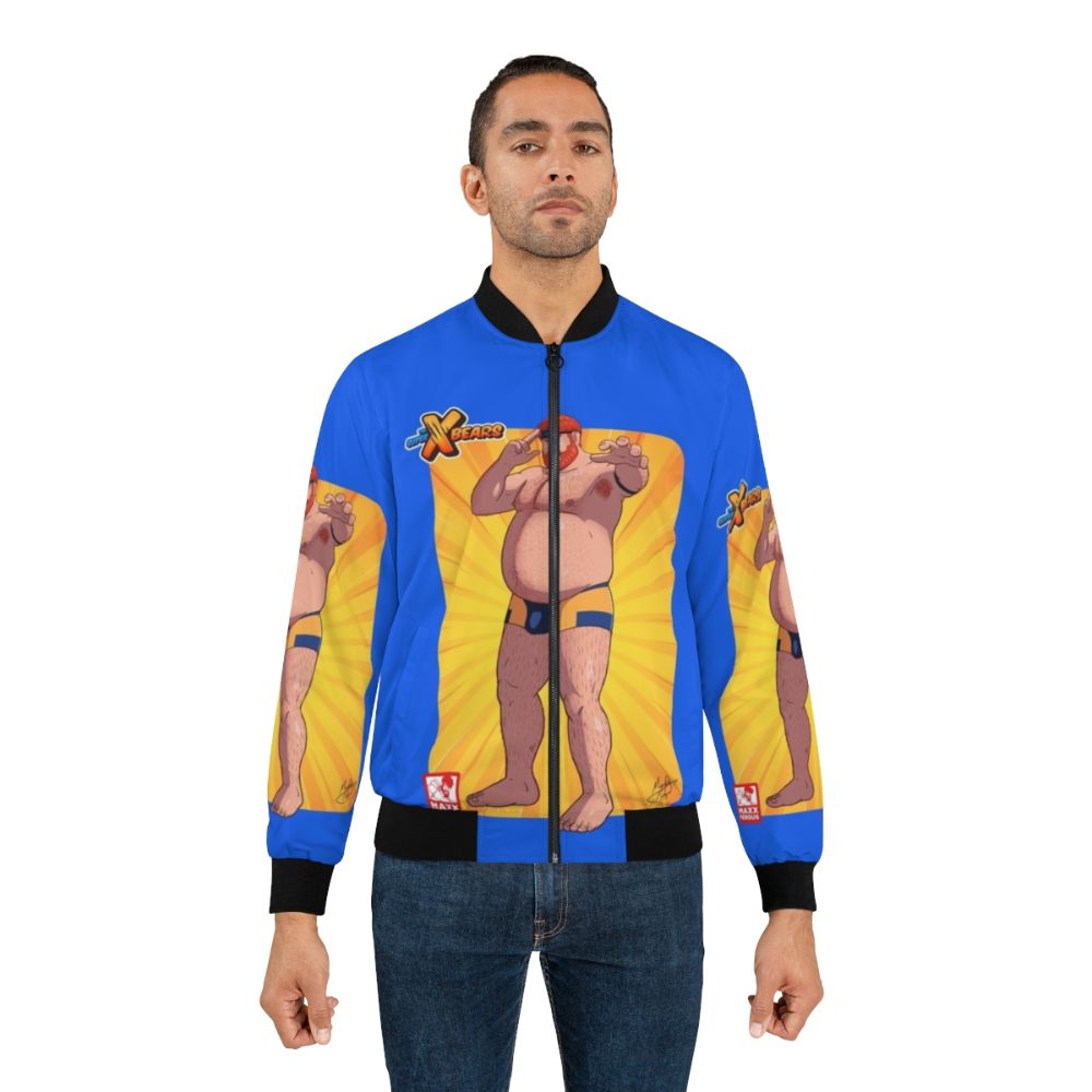 A colorful bomber jacket featuring a gay bear mutant design with LGBT pride elements. - Lifestyle