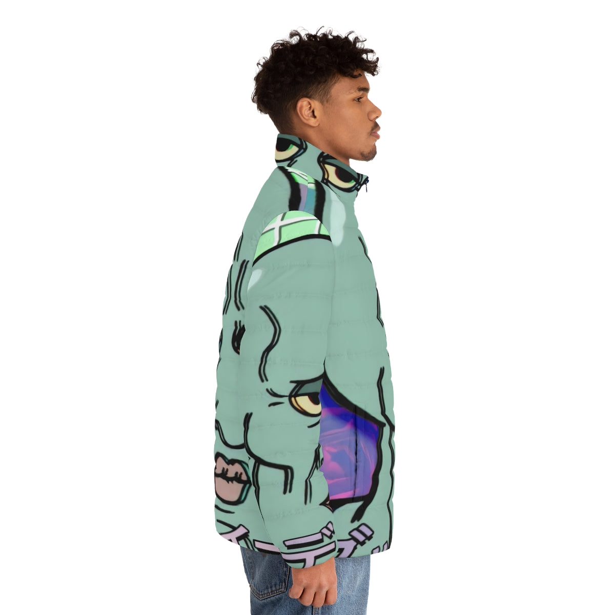 Handsome Squidward Vaporwave Aesthetic Puffer Jacket - Spongebob Squarepants inspired fashion - men side right