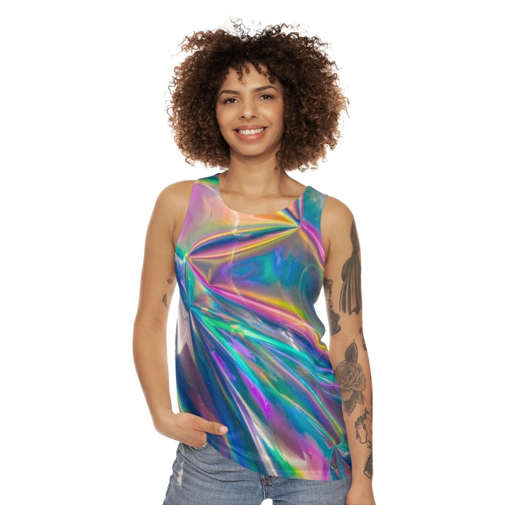 Holographic unisex tank top with vibrant, iridescent colors - women