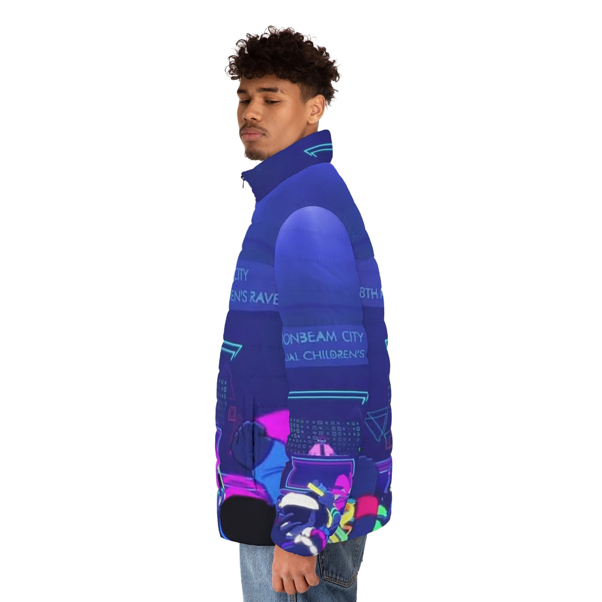 Moonbeam City Children's Rave Puffer Jacket in colorful, dazzling design - men side left