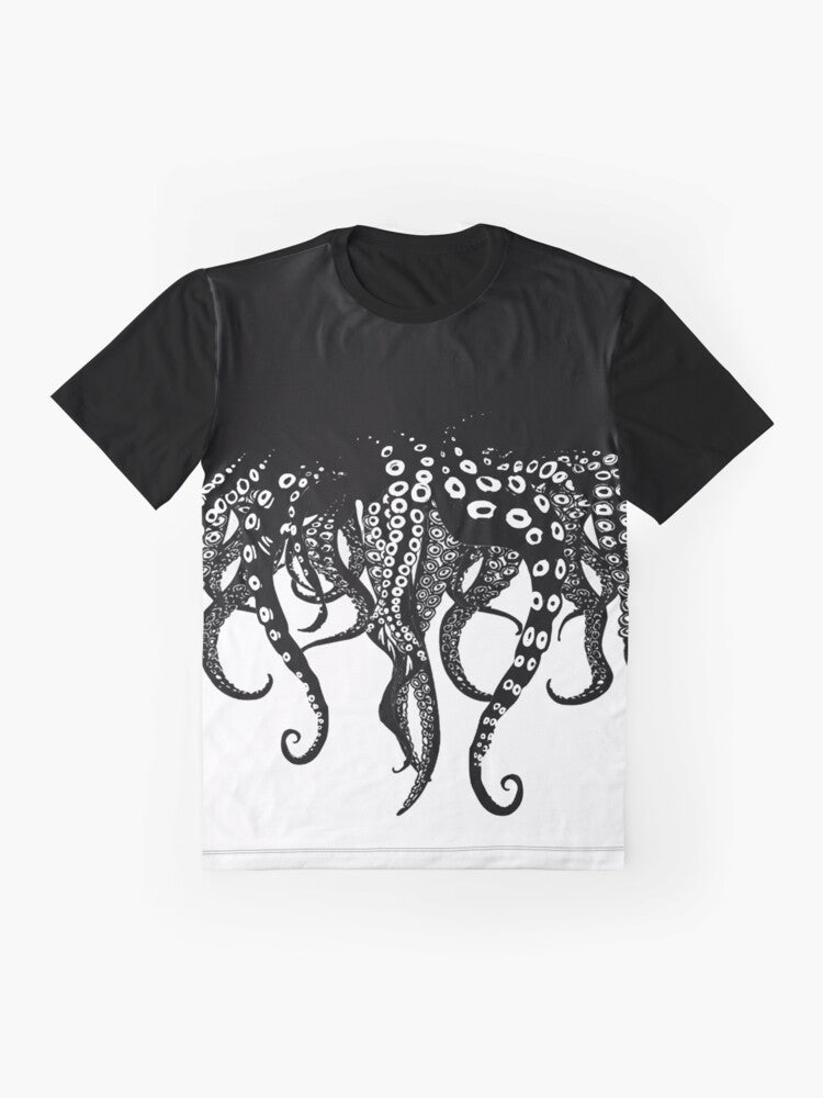 A black and white graphic t-shirt featuring a mysterious tentacled creature symbolizing the passionate and intimate embrace of love. - Flat lay