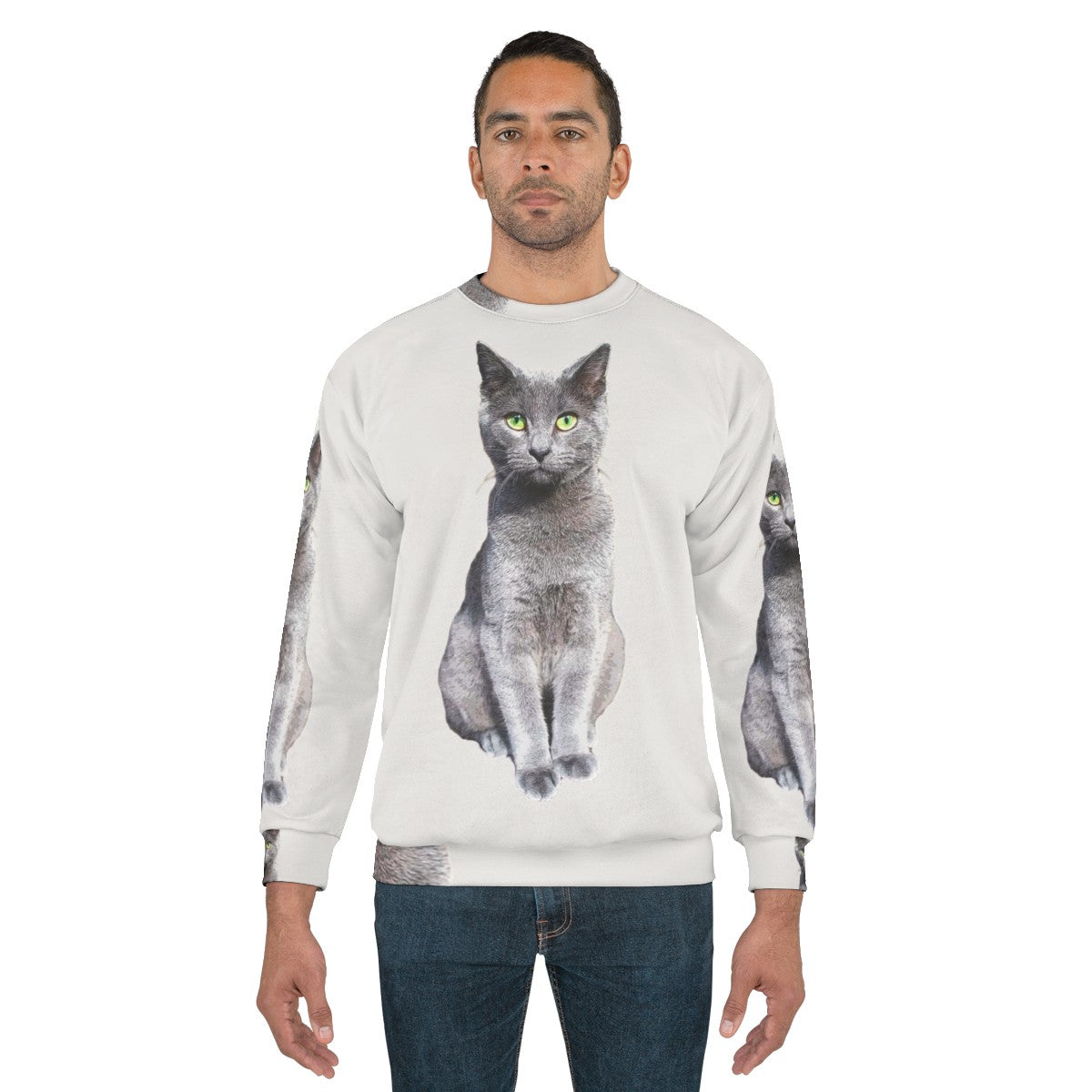 Adorable Russian Blue Cat Kitten Wearing Cozy Sweatshirt - men