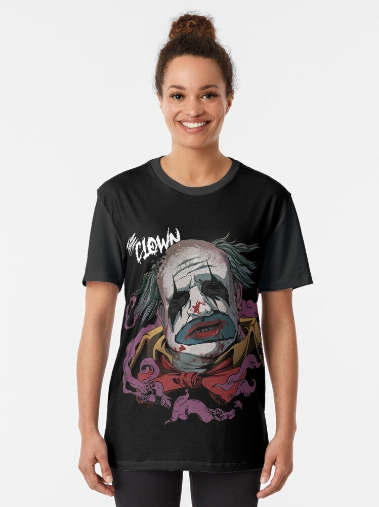 Graphic T-shirt featuring The Clown, the iconic killer character from the popular video game Dead by Daylight. - Women