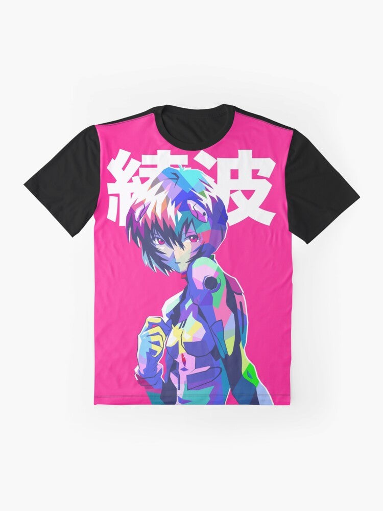 Rei Ayanami from Neon Genesis Evangelion anime wearing a graphic t-shirt with aesthetic kanji design - Flat lay