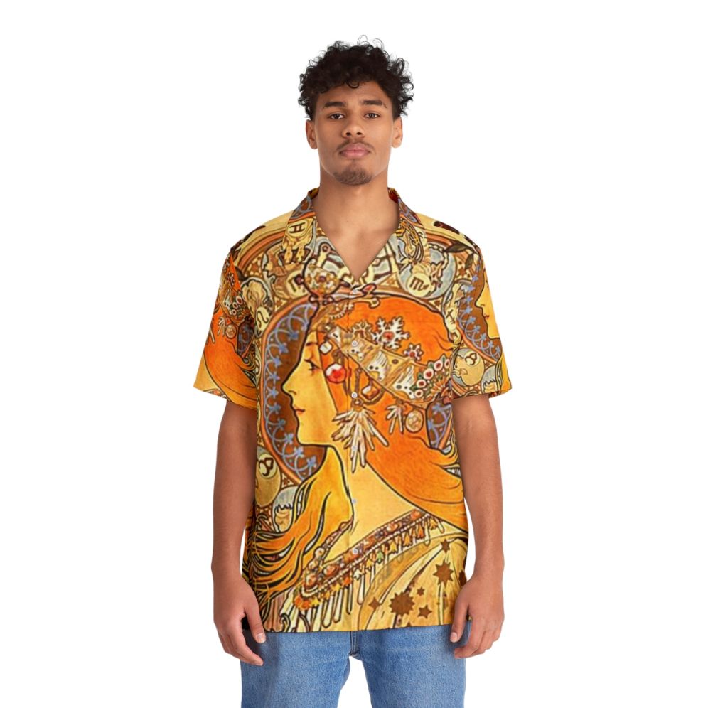 Alphonse Mucha Zodiac Hawaiian Shirt with Art Nouveau Floral Design - Lifestyle