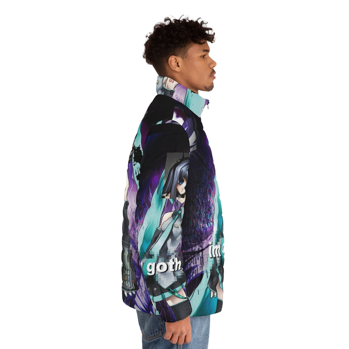 Goth-inspired puffer jacket with anime-style graphics and Omocat brand elements - men side right