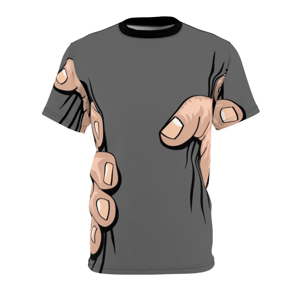 Oversized hand squeezing graphic design on a t-shirt