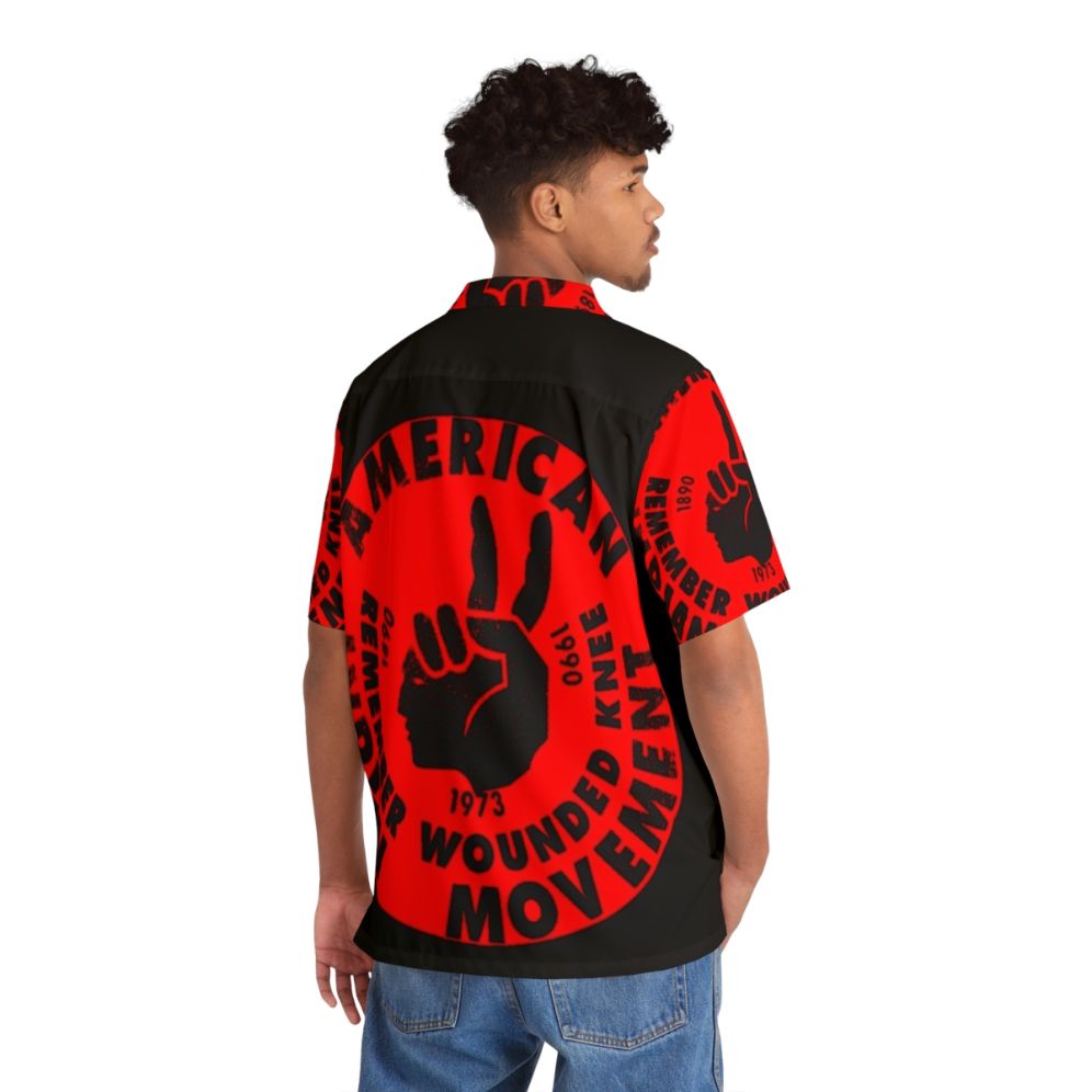 Aim American Indian Movement Hawaii Shirt with Native American Symbols and Designs - Flat lay