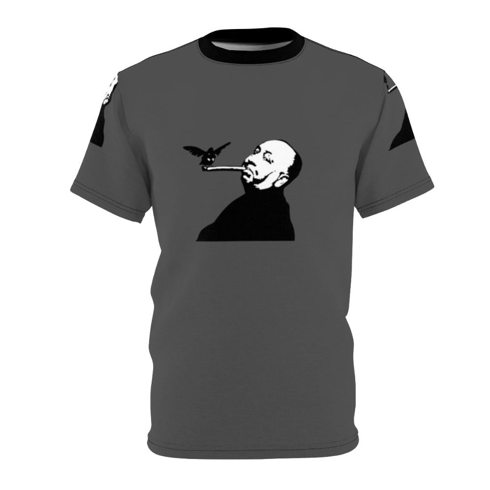 Artistic illustration of birds and a cigar, inspired by the work of Alfred Hitchcock, featured on an AOP t-shirt.