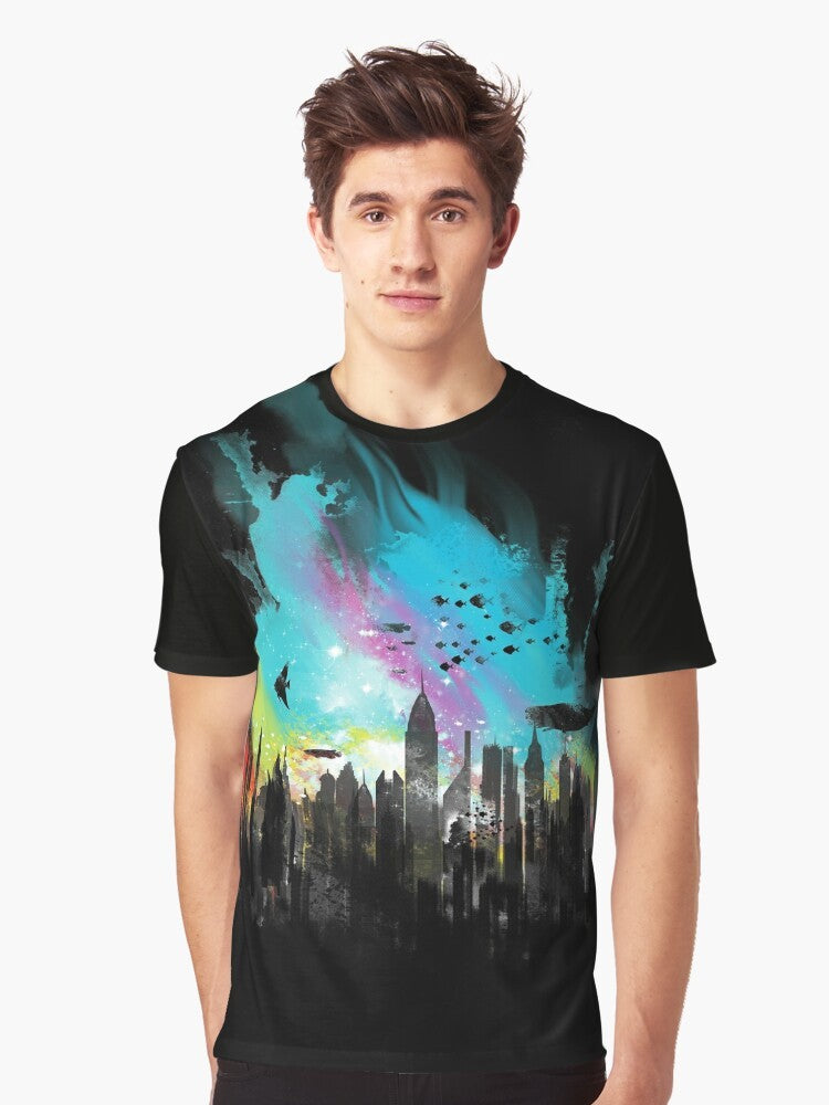 Bioshock Rapture City Graphic T-Shirt featuring a watercolor-style illustration of a whale, fishes, and the Big Daddy robot from the Bioshock video game. - Men