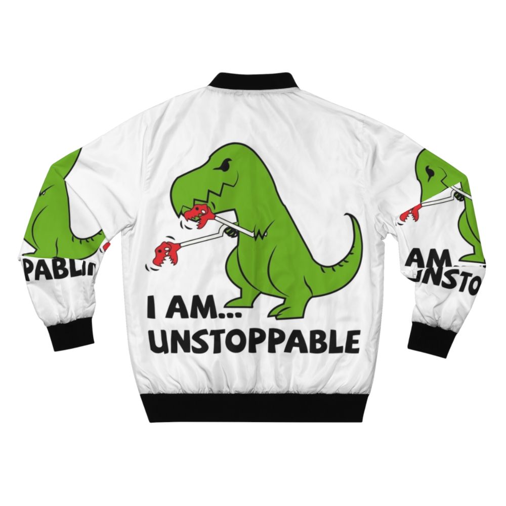 A green and red bomber jacket with a T-Rex print and the text "I am unstoppable" on it. - Back