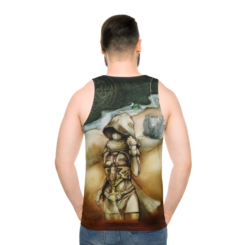 Chani from Dune 2020 movie art on a unisex tank top - men back