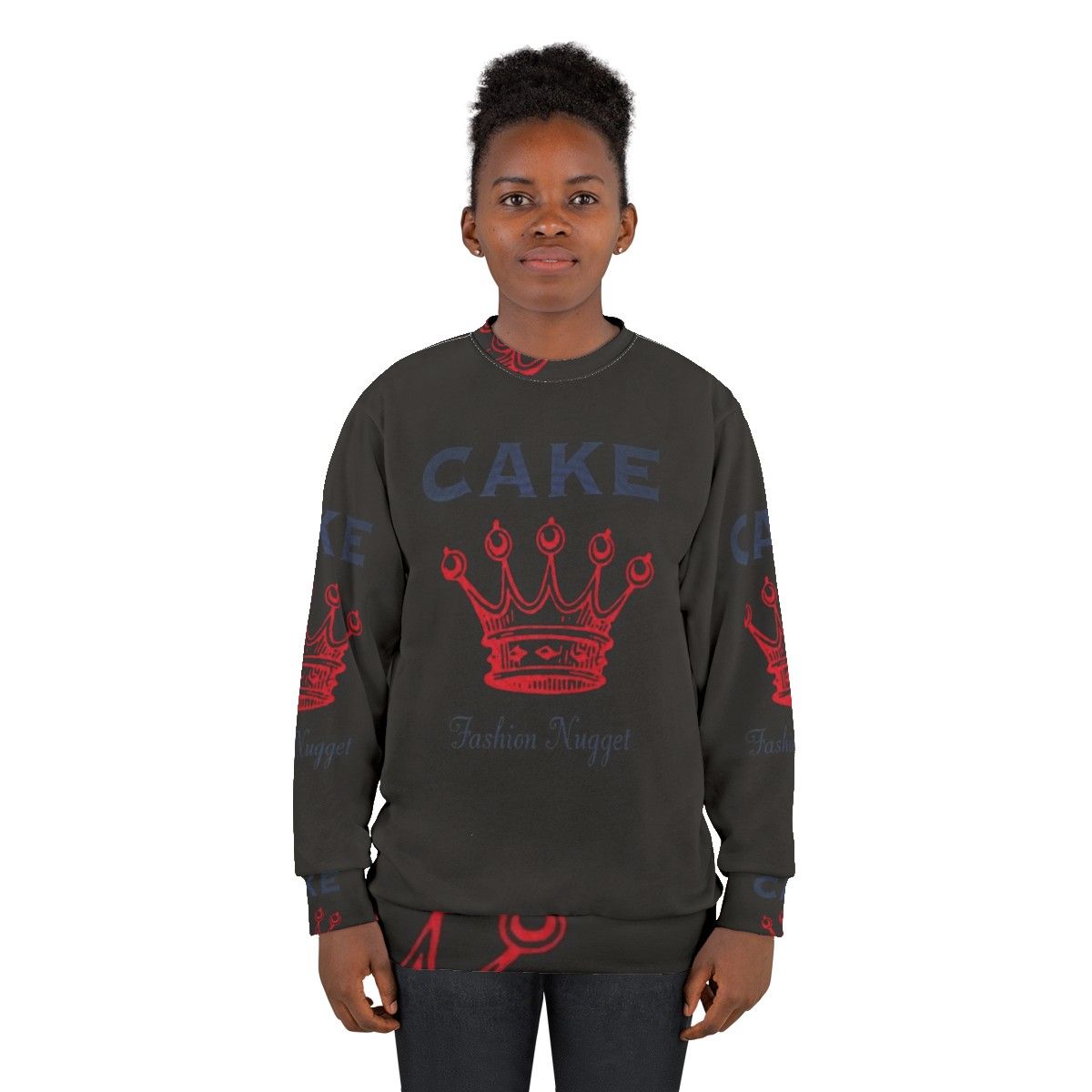 Stylish sweatshirt featuring the "Fashion Nugget" design, a reference to the alternative rock band Cake - women