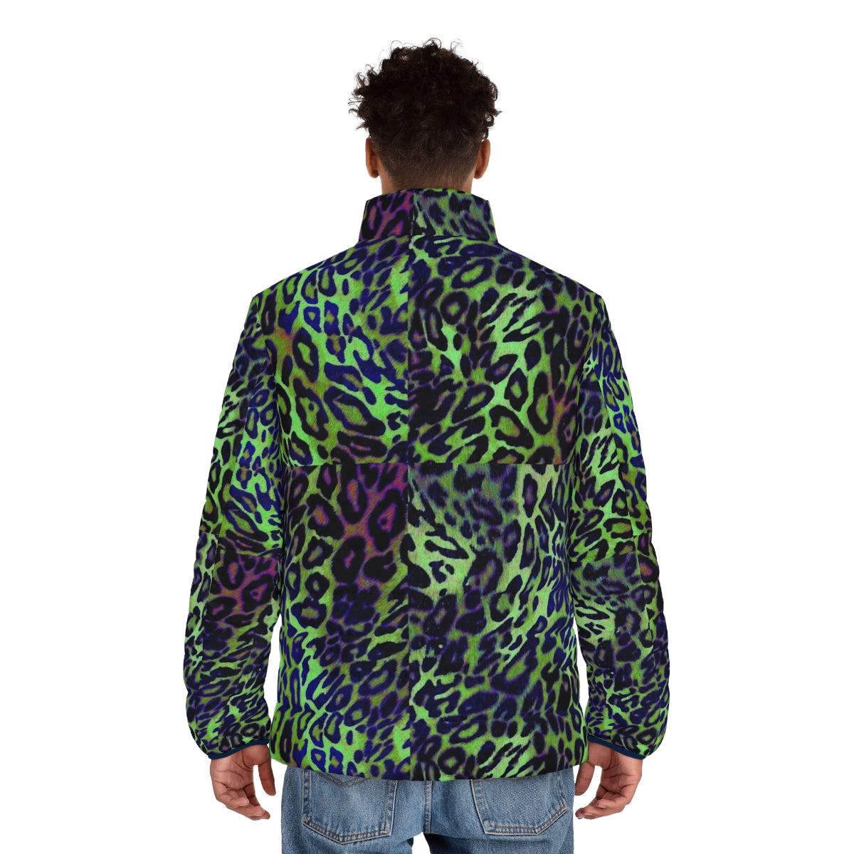 Colorful leopard skin pattern puffer jacket in shades of green and blue - men back