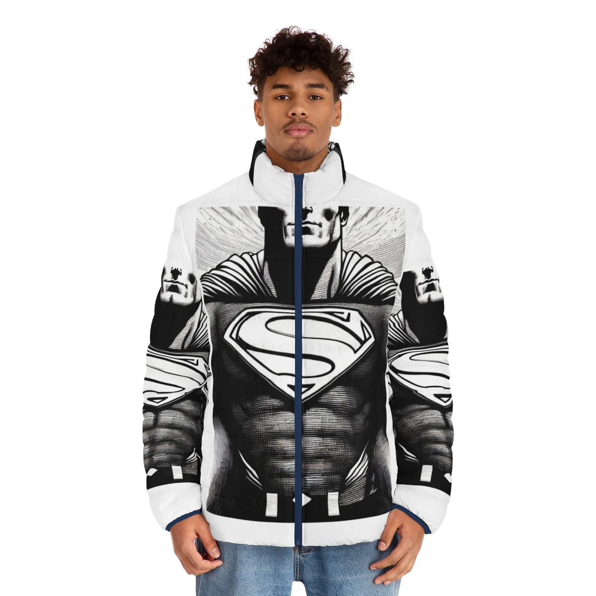 Superhero puffer jacket with pop art design - men front