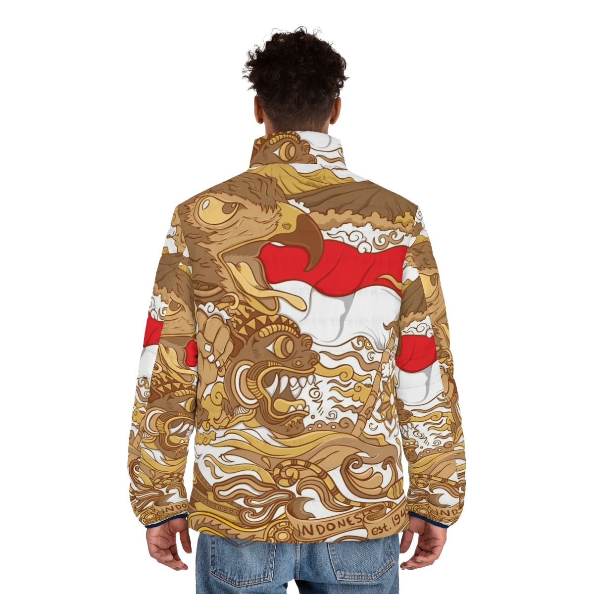 Indonesia puffer jacket featuring Garuda eagle and batik patterns - men back