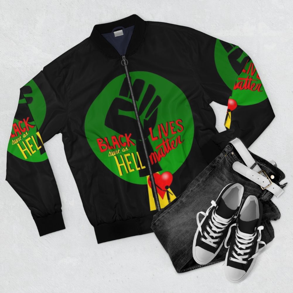 Black Lives Matter (BLM) activist bomber jacket with bold graphic design - Flat lay