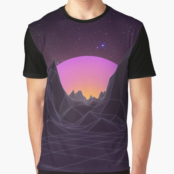 Retro vaporwave 80s graphic t-shirt with aesthetic design of futuristic sunset, waves, and geometric patterns