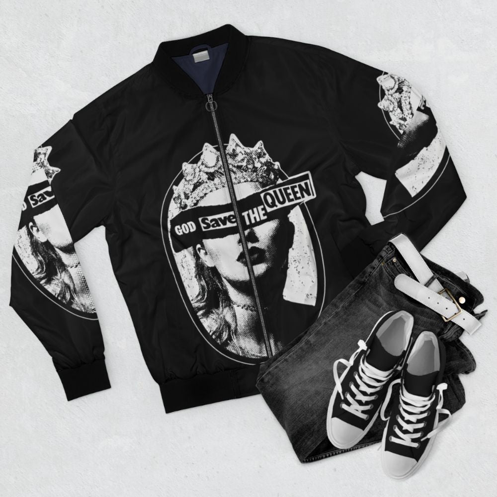 Taylor Swift Eras Tour Bomber Jacket with 1989, Midnights, Folklore, and Evermore Designs - Flat lay