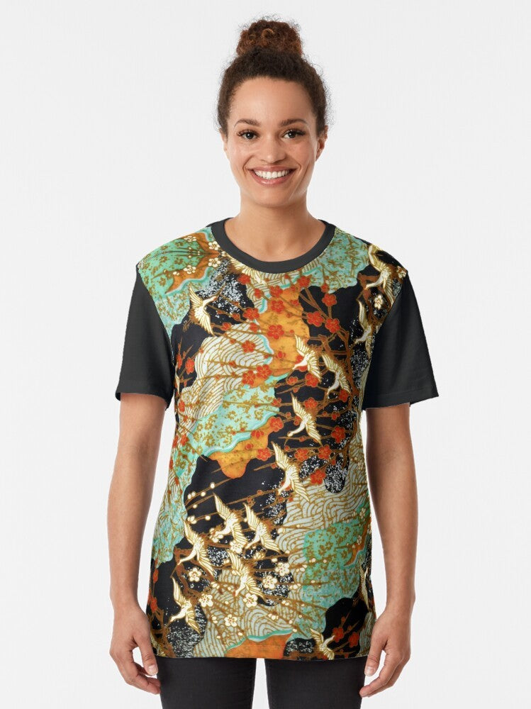 Colorful graphic t-shirt featuring flying cranes and spring flowers in a Japanese-inspired floral pattern - Women